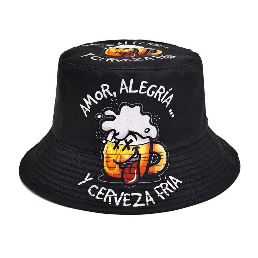 Retro Cartoon Print Reversible Bucket Hat, Unisex Hip-Hop/Beach/Outdoor Sun Protection Hat - Wine Glass - View 1