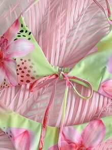 Sexy Leopard & Floral Print Tie-Up Bikini Set, European & American Style, Suitable For Summer Beach Vacation And Pool Party