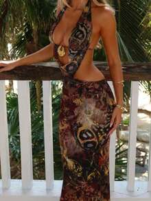 Women's Summer Fashion Elegant Tie Dye Mesh See Through Printed Halter Backless Slit Embellished Maxi Long Dress Beach Vacation Holiday Cover Up Dress Sexy Clothes