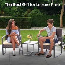 3PCS Patio Furniture Set, Outdoor Wicker Bistro Conversation Set With Padded Cushions & Glass Table, Garden Rattan Chair Set For Porch Balcony Backyard - 棕色 - 查看 3