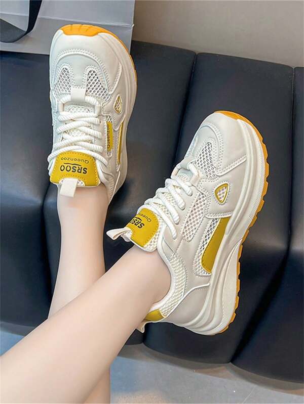 Women's Breathable Mesh Chunky Sneakers, Contrast Color Block Simple Design, Thick Sole With Cushioning For Comfortable Walking