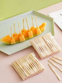 100pcs Disposable Wooden Fruit Picks, Suitable For Kitchen, Restaurant, Party, Holiday Celebration, Christmas - Beige - View 1