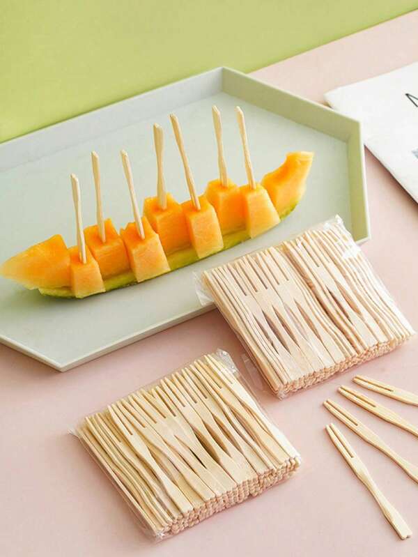 100pcs Disposable Wooden Fruit Picks, Transparent Food Cocktail Forks For Kitchen, Restaurant, Party, Holiday, Christmas