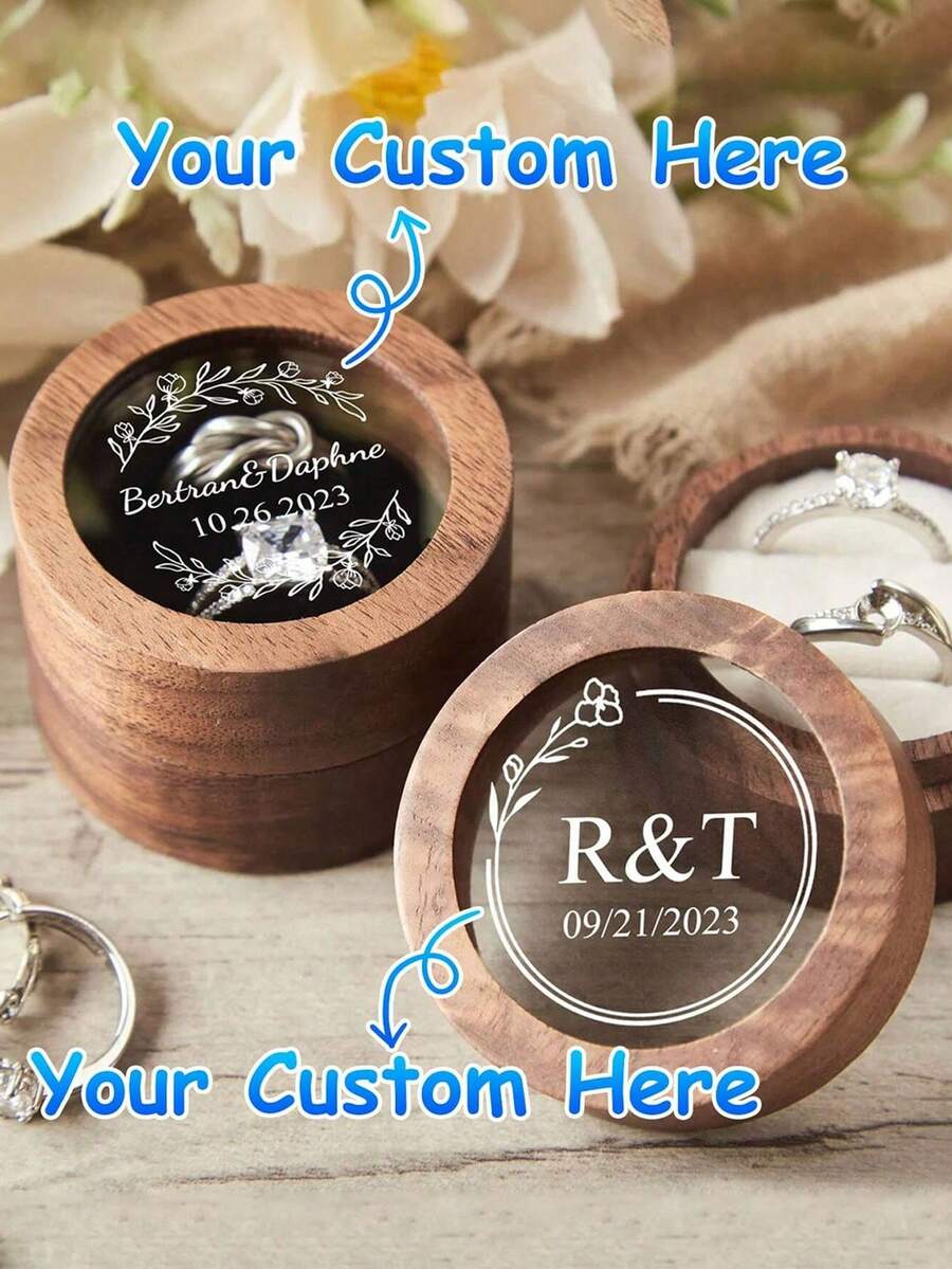 Personalized Wooden Ring Box Custom Round Engagement Ring Box Double Ring Bearer Box Custom Wedding Accessories Wedding Ring Box Valentine's Gift For Her New Couple Gift Wedding Gift,Delicate Romance