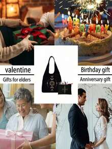 一套三件：月亮星星印花帆布手提袋、黑色图案印花单肩包和黑色收纳袋 - 个性化伴娘礼物、情人节礼物、化妆包、旅行收纳包 - 黑色 - 查看 8