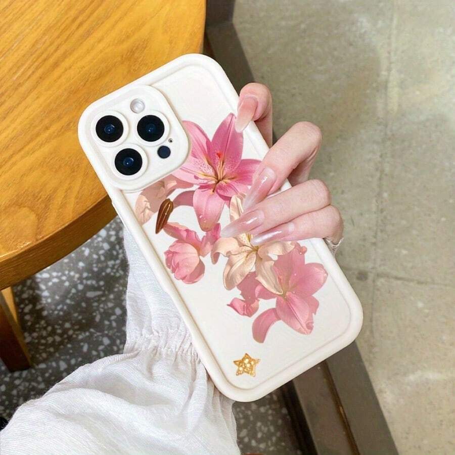 Pink Flower Design Pattern Printing Mobile Phone Case Is Suitable For IPhone16 15 14 13 12ProMAX Soft Edge 11 Shock-Proof Protective Case, Suitable For Gifts For Male And Girlfriend - White - View 1