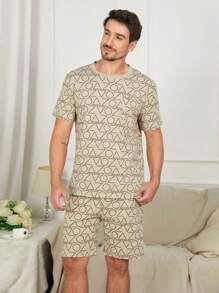 2pcs/Set Summer Men's Thin Geometry Print Round Neck Short Sleeve Shirt And Shorts Pajama Set, Casual Homewear With High-End Look