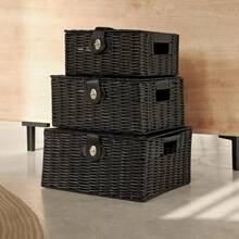 Vencier Set Of 3 Resin Woven Storage Basket Box With Lid & Lock, Black, Large, Medium, Small - Black - View 4