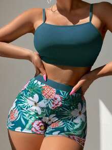 Women's Summer Tropical Plant Print Bikini Swimsuit Set With Matching Square Shorts And Half Sleeve Cover-Up Kimono,Women's Tropical Plant Print Swimwear Set - 藍色 - 查看 4