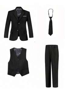 Teen Boys Suits 4-Pieces Suit Set Toddler Tuxedos Dresswear Ring Bearer Outfit Wedding Blazer Vest Pants Tie Formal Suits For Teen Boy Birthday Wedding Graduation Wedding Guest Pageboy Black Size 6-16Y