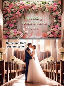 1pc Customized Wedding Arch Backdrop With Floral Decoration, Personalized With Name And Date