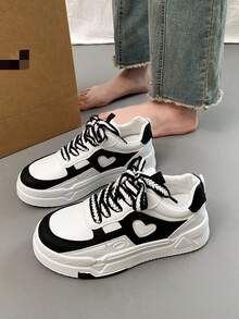 Giày thể thao giản dị đế dày cổ thấp buộc dây thời trang mới cho nữ, giày thể thao đa năng cho nữ, giày thể thao giản dị cho học sinh - Đen và trắng - Xem 1