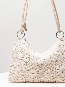 Túi đeo vai đan móc rỗng họa tiết hoa, Túi đi biển Bohemia mùa hè, Túi tote cao cấp cho nữ, Trang phục du lịch cho nữ, Vật dụng cần có khi đi du lịch, Túi xách nữ thanh lịch (Họa tiết ngẫu nhiên) - Màu be - Xem 4