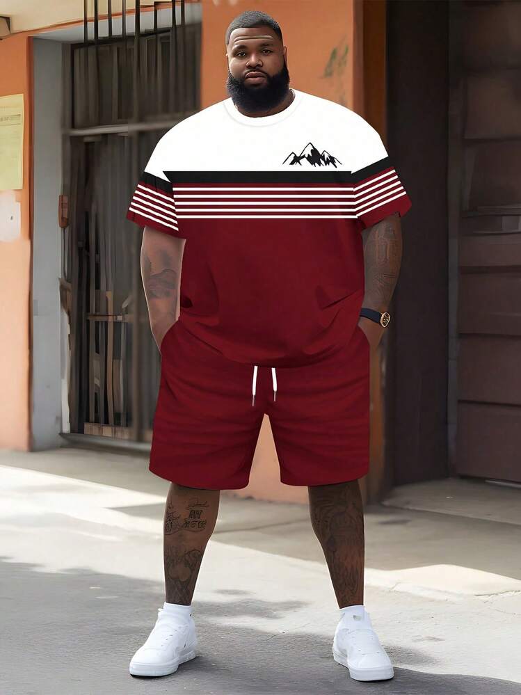 Summer Breathable T-Shirt Set, Casual Hip-Hop Style, Black & White Round Neck T-Shirt With Drawstring Shorts, Polyester Fabric Regular Design, Men's Lightweight Casual Outfit, Men's Plus Size Short Sleeve Shorts Set - Multicolor - View 1
