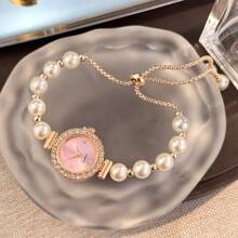 1 pièce Montre à quartz élégante pour femmes ornée de perles blanches, cadran cristal minimaliste, conception raffinée et exquise