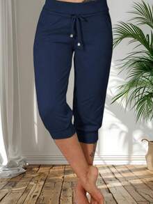 Womens Loose Capri Yoga Pants With Drawstring And Pockets Casual Lounge Joggers For Summer - Màu xanh hải quân - Xem 1