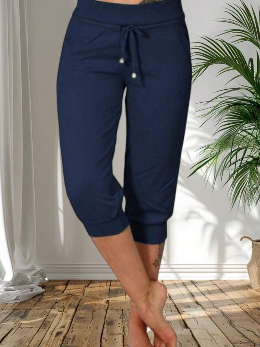 Womens Loose Capri Yoga Pants With Drawstring And Pockets Casual Lounge Joggers For Summer - Màu xanh hải quân - Xem 1