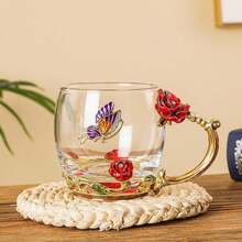 Tea Cup Glass Coffee Mugs,Fancy Tea Cup Set Birthday Christmas Valentine's Day Gift Idea For Tea Lover And Women Novelty Coffee Mugs Rose Flower Enamel Tea Cup Glass Mug With Spoon Set - 紅色 - 查看 4