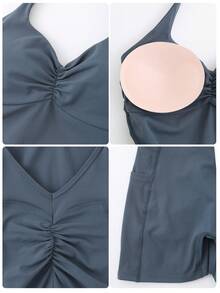 NcmRyu 1pc V-Shape Ruched Design Yoga Fitness Running Training Jumpsuit, Fashionable, Suitable For Spring & Summer Shapewear Jumpsuit - Blue - View 3