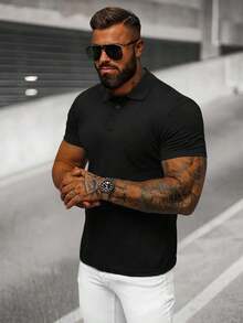 2 MEN'S T-Shirt Solid Color Summer Fit Button - Black - View 2