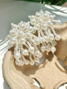 1pair Handmade Pearl Tassel Earrings For Women, Exaggerated Fashionable Accessories For Party, Gathering, Daily Wear - White - View 13