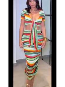Color Me Mine Beach Sarong Skirt Set   Colorblock  Rainbow Stripe      Lace Up  Knot - xanh lá cây đa - Xem 2
