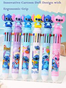 Disney 16pcs Disney Authorized Stitch Blue Cartoon Stylus & 10-Color Ballpoint Pen Set - Innovative Cute Design, Portable & High Aesthetic, Comfortable Press-Type Grip, 0.7mm Smooth Writing, 10 Colors For Creative Study & Journaling (DIY Stationery Gift) School Supplies, Back To School
