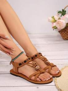 Fashion Round Toe Flat Sandals With Beaded Decor, Minimalist Vintage Casual Beach Sandals - Light Brown - View 3
