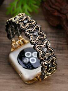 1pc Fashionable Classic Lucky Grass Zinc Alloy Elastic Bracelet Strap Compatible With Apple Watch Band 38/40/41/42/44/45/49/(S10 42)/(S10 46)Mm, Retro Elegant Simple Flower Rhinestone Zinc Alloy Bracelet Strap Is Compatible With Iwatch Band Ultra2/S10/SE/9/8/7/6/5/4/3/2/1Series, Bohemian Style Women Watchbands, Fine Women Fashion Watch Accessories, Smart Watch Strap/Band, Unique Personalized And Style Strap, Valentine's Day Mother's Day Gift