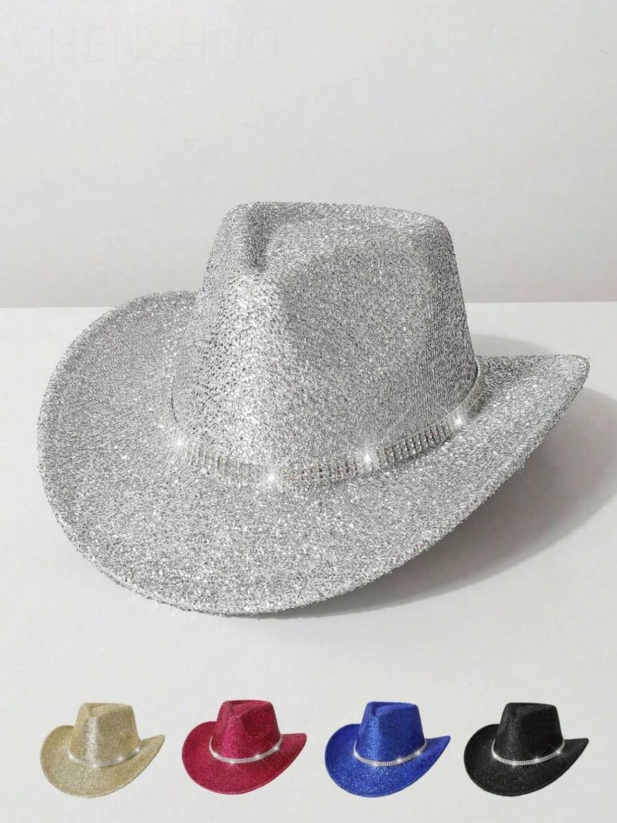 1 件女式闪亮丝绸面料波西米亚派对水钻西部牛仔礼帽，适合牛仔主题活动、节日舞会、生日派对、角色扮演、户外活动、日常使用 - 禮帽 - 查看 1