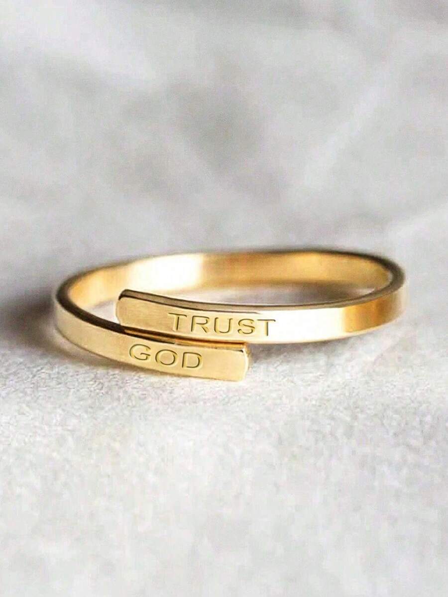 1件「Trust In God」可調節戒指,雙層不鏽鋼戒指,中性款,均碼,頂層與底層設計 - 金色 - 查看 1
