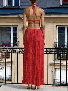 Chiffon Multi-Layer Ruffle Lace Trim Backless Camisole Maxi Dress Set, Romantic Elegant 2-Piece Outfit, Suitable For Christmas, Party, Gothic, Wedding And Other Occasions - Red - View 3