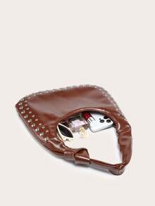 女士新月形单肩包，纯色PU皮革，大铆钉装饰，复古大容量，百搭通勤款，可肩背/腋下挎，户外 - 棕色 - 查看 4