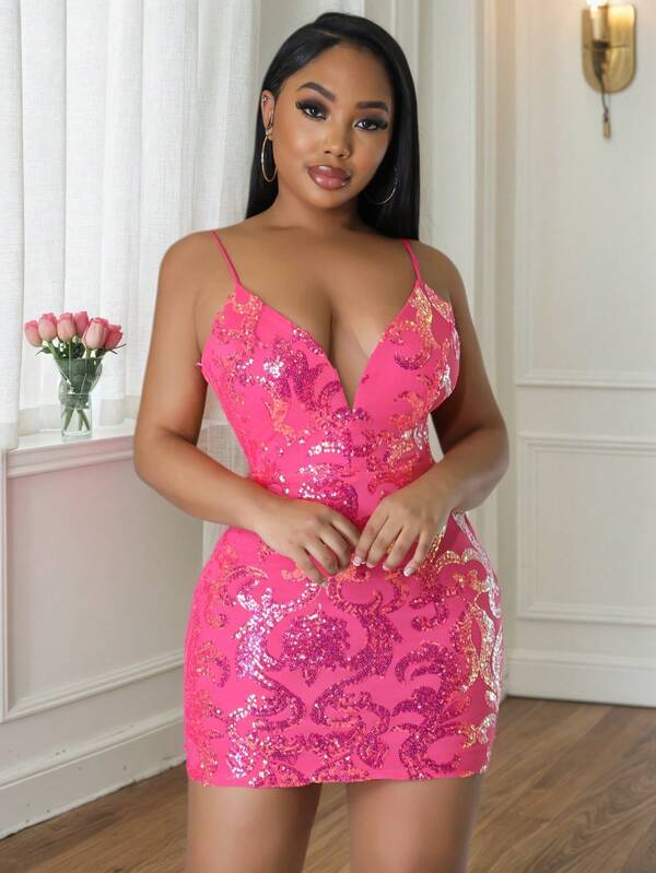 Backless Sequin Decor Bodycon Mini Slip Dress Party Dress Wedding Guest Cocktail Dress