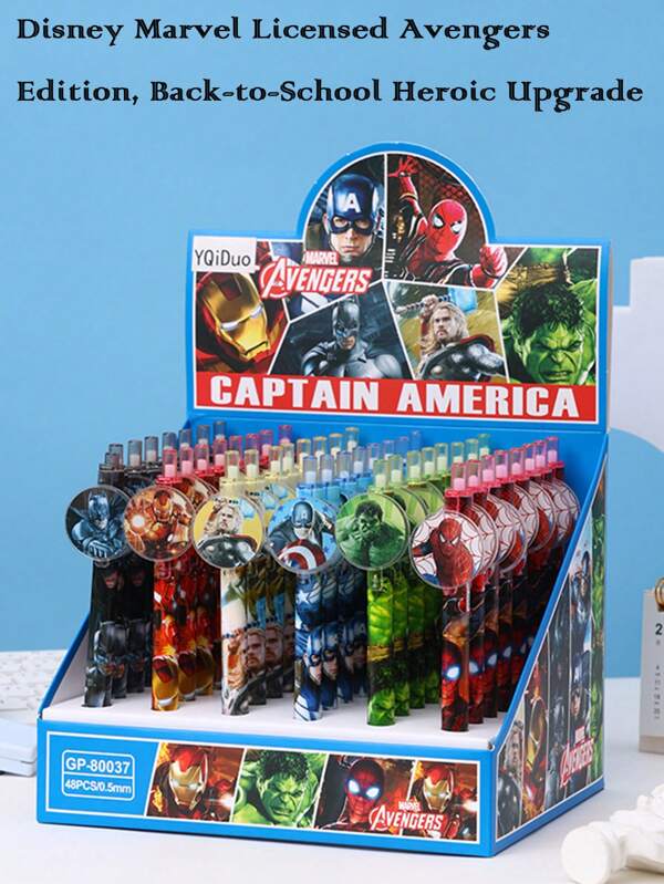 Disney 48pcs Disney Marvel Authorized Back-To-School Avengers Press Pen - Mech Style Acrylic Hero Badge Clip With 0.5mm Combat-Grade Ink, Superhero Power Boost Stationery Set, Epic Gift For Boys (Achievement Unlocked Writing )