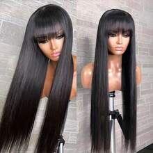 Straight Wig With Bangs Human Hair Glueless Machine-Made Wig 200% Density Pre-Plucked Natural Hairline & Breathable Cap For Women Lightweight & Beginner-Friendly No Glue Need Wig For Daily, Party & Work - Natural & Black - View 4