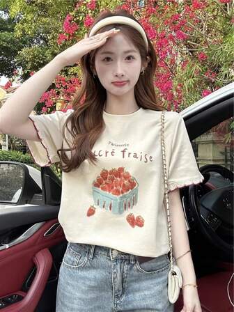 2025新款宽松圆领拼色字母印花荷叶边短袖女式T恤