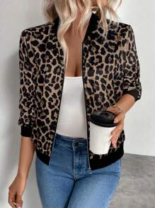 Chaqueta bomber de mujer con estampado de leopardo Keke Bloomly Christmas, con cremallera completa, cuello de béisbol, manga larga, ajuste regular, tela tejida, chaqueta ligera, moda