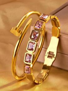 2 pièces Bracelets-joncs élégants et classiques avec zirconias carrés colorés, bracelets-joncs en acier inoxydable avec zirconias cubiques 5A sertis en forme de trèfle, idéaux pour les anniversaires, les fêtes, les cadeaux de la Fête nationale d'Arabie saoudite pour les femmes, les filles et les mères