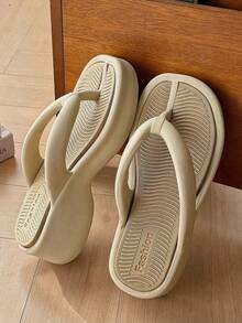 Women's Fashionable Summer Minimalistic Flip-Flops, Solid Color Beach Sandals, Vintage, Slip-Resistant Platform, Versatile For Beach, Office, Home, Odorless, Waterproof, Summer - Khaki - View 2