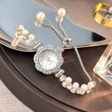 1 pièce Montre à quartz mode femme avec chaîne ajustable rétractable à double perle, boîtier en alliage, cadran avec chiffres arabes, design élégant pour femme et étudiante