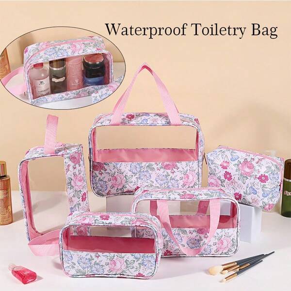 1pc Floral Print Cosmetic Bag, PVC Waterproof Handbag, PU Patchwork Travel Organizer, Semi-Transparent Portable Toiletry Bag, Multi-Functional Storage Pouch, Suitable For All Seasons, Women Fashion Carry-On