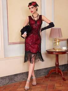 Women's 1920s Vintage Flapper Dress 1920s, Great Gatsby Sequin Fringe Dresses For Party Prom - Red - View 3