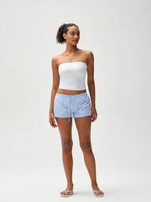 RRIVE Classic Striped Lounge Shorts With Adjustable Drawstring Waist Soft Breathable Fabric Lightweight Summer Bottoms For Casual Vacation Daily Outfits Summer Spring Outfits Vocation Outfits - 薄荷藍 - 查看 2