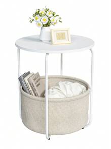Small Bedside Table With Fabric Basket, Modern Nightstand, Round Side Table, For Living Room, Bedroom