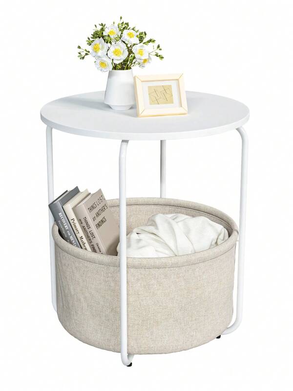 Small Bedside Table With Fabric Basket, Modern Nightstand, Round Side Table, For Living Room, Bedroom