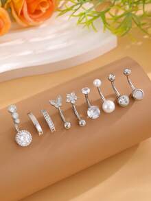 Conjunto de 9 piezas de barra invertida de acero inoxidable, perla, mariposa, pentagrama para piercing en el ombligo, diseño minimalista básico, adecuado para uso diario - Plateado - Ver 6