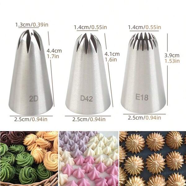 Set di 3 bocchette per tubatura in acciaio inossidabile 304 di medie dimensioni, con denti 6, 15 e 8, per decorare con ghiaccia e pasticceria