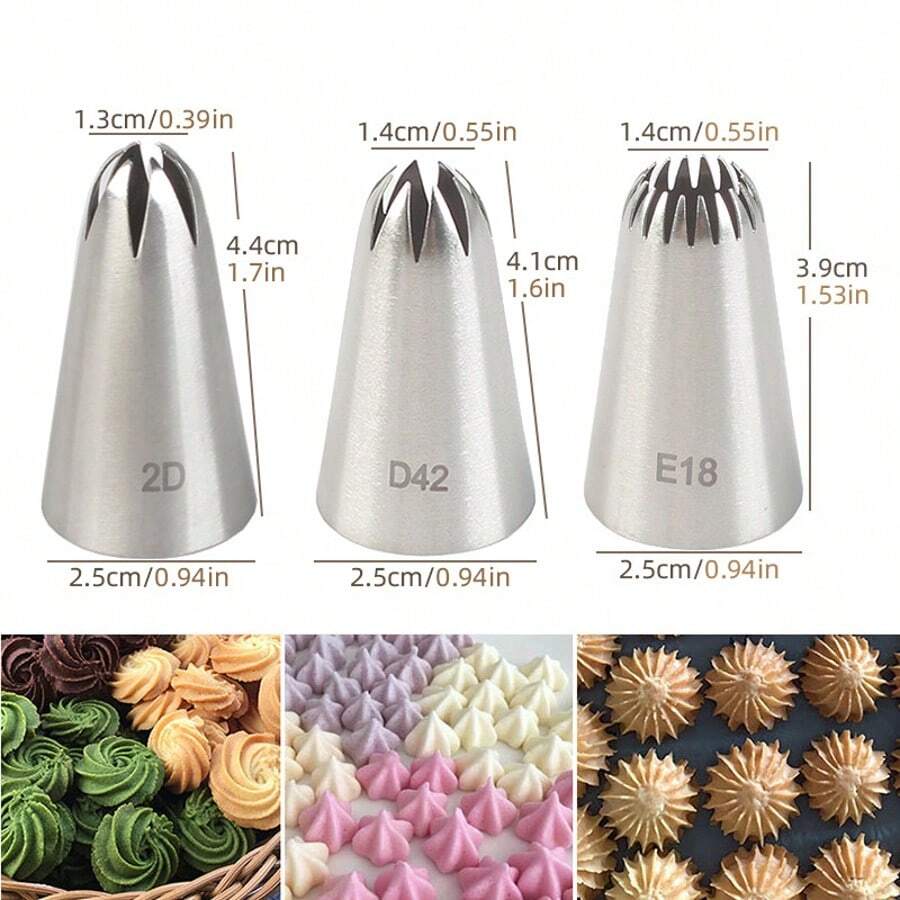 3pcs Medium Size 304 Stainless Steel Piping Nozzles Set, 6-Tooth, 15-Tooth, 8-Tooth Baking Icing Decorating Tips