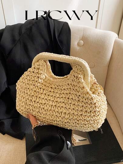 Fashionable Straw Woven Handbag, Elegant For Vacation Travel, Sophisticated Tote Bag, Beige Crossbody Beach Bag, Lightweight Clutch